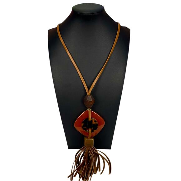 NWT CHICO'S Signed "AUTUMN TASSLE PENDANT" Necklace Orange 28" Long - $69 MSRP - Picture 1 of 4